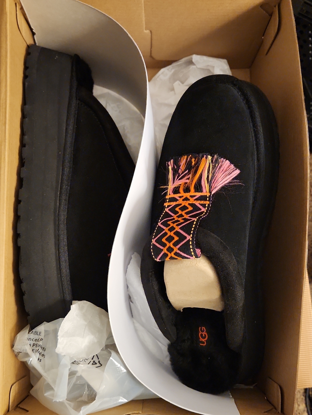 UGG Black Slip-On Moccasins with Pink & Orange Fringe